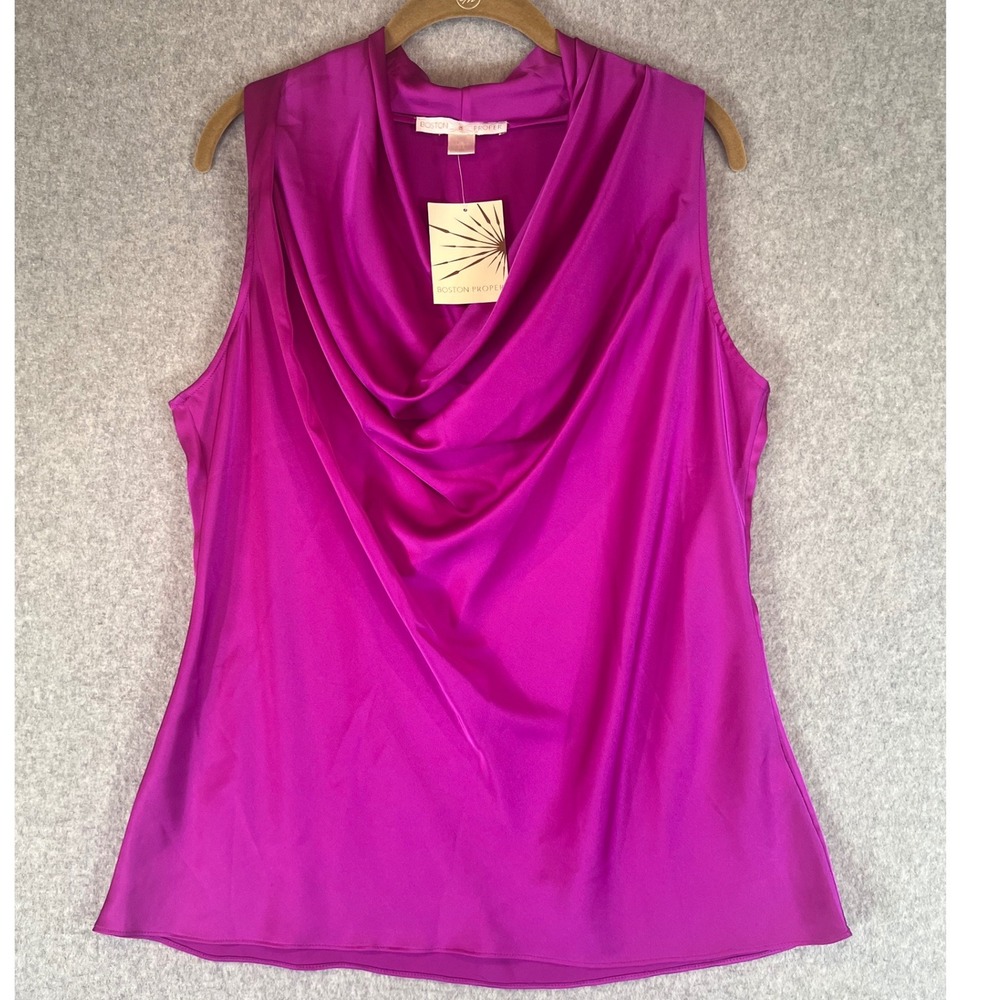 Boston Proper Marilyn Blouse Womens 12 Pink Top Drape Neck Satin Sleeveless NWT